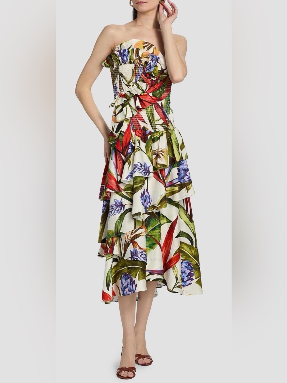 Farm Rio Smocked Floral Cotton Strapless Maxi Dress